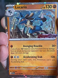 POKEMON LUCARIO 114/198 RARE COSMOS HOLO WITH SWIRL SCARLET VIOLET STAMPED NM - Image 1