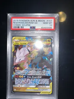 PSA 10 2019 Pokemon Sun & Moon Reshiram/Zekrom GX Cosmic Eclipse Tag Team - Image 1