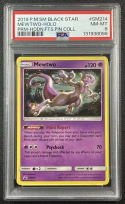 MEWTWO HOLO PSA 8 2019 POKEMON SM BLACK STAR PROMO #SM214 PRM HIDDEN FATES PIN 9 - Image 1