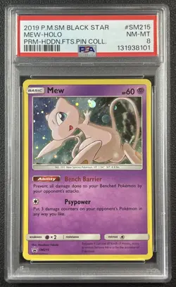 MEW HOLO PSA 8 2019 POKEMON SM BLACK STAR PROMO #SM215 PRM HIDDEN FATES PIN COLL - Image 1