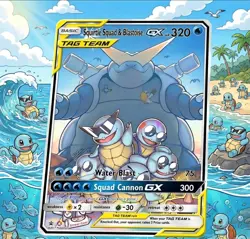 Pokemon Cute Squirtle Squad & Blastoise Team Up Tag Team Custom Holofoil Card - Image 1