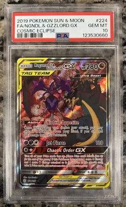 2019 POKEMON SUN & MOON COSMIC ECLIPSE FULL ART/NAGANADEL & GUZZLORD GX PSA 10 - Image 1