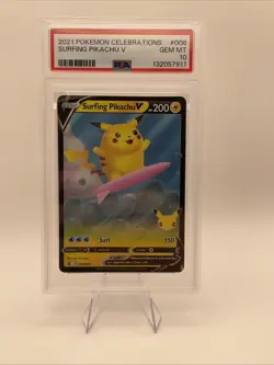 2021 Pokemon Celebrations Surfing Pikachu V HOLO RARE PSA 10 MINT #008 FULL ART - Image 1