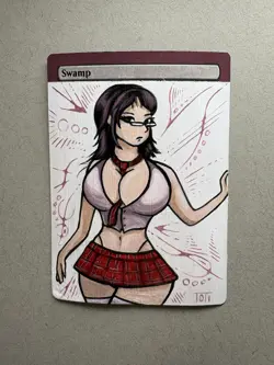 Magic The Gathering Painted Anime School Girl Alter Swamp Card MTG - Image 1