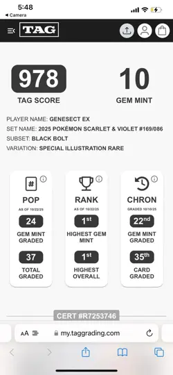 TAG 10 Pokemon TCG Black Bolt Genesect EX Sir 169/086 TOP 1 - Image 3