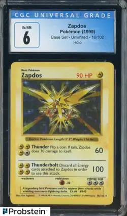 1999 Pokemon Base Set Unlimited #16/102 Zapdos Holo CGC 6 EX-NM - Image 1