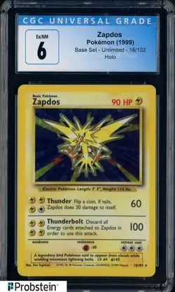 1999 Pokemon Base Set #16/102 Zapdos Holo CGC 6 EX-NM - Image 1