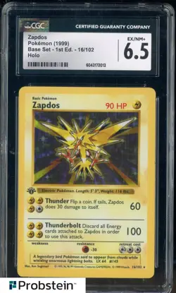 1999 Pokemon Base Set 1st Edition #16/102 Zapdos Holo CGC 6.5 EX-NM+ - Image 1