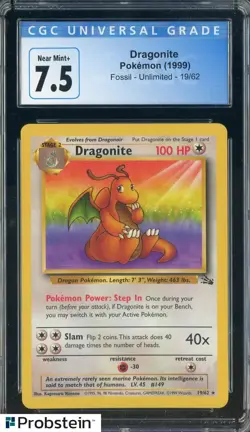 1999 Pokemon Fossil Unlimited #19/62 Dragonite CGC 7.5 NM+ - Image 1