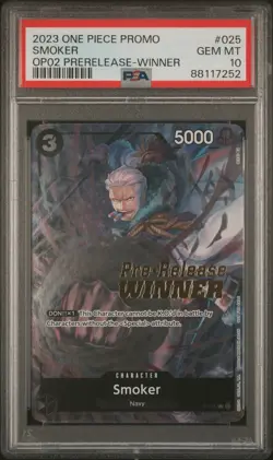 PSA 10 Gem Mint Smoker P-025 Pre-Release Winner Promo English One Piece Card - Image 1