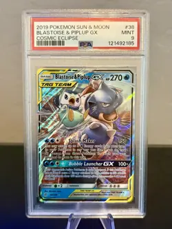 2019 Pokemon Sun & Moon Cosmic Eclipse Blastoise & Piplup GX #38 PSA 9 - Image 1