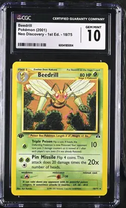 CGC 10 GEM MINT Beedrill Neo Discovery 1st Edition 18/75 Non-Holo Pokemon Card - Image 1