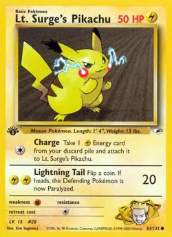 Lt. Surge's Pikachu 81/132 1st Edition Gym Heroes Pokemon Card - Image 1