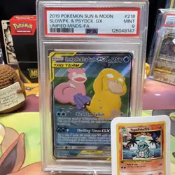 2019 POKEMON SUN & MOON UNIFIED MINDS #218 FULL ART/SLOWPOKE & PSYDUCK GX PSA 9 - Image 1