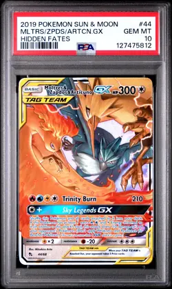 PSA 10 GEM MINT Moltres & Zapdos & Articuno GX 44/68 Pokemon Hidden Fates - Image 1