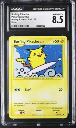 CGC 8.5 Surfing Pikachu 2009 Rising Rivals 114/111 Holo Pokemon Card - Image 1