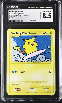 CGC 8.5 Surfing Pikachu 2009 Rising Rivals 114/111 Holo Pokemon Card - Image 1