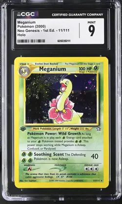 CGC 9 MINT Meganium Neo Genesis 1st Edition 11/111 Holo SWIRL Pokemon Card - Image 1