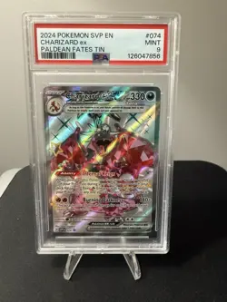 2024 Pokemon SVP EN Charizard ex 074 Paldean Fates Tin PSA 9 Mint Card - Image 1
