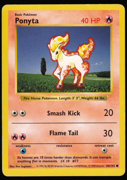 Ponyta 60/102 Shadowless Base Set 1999 Pokemon TCG Card MP - Image 1