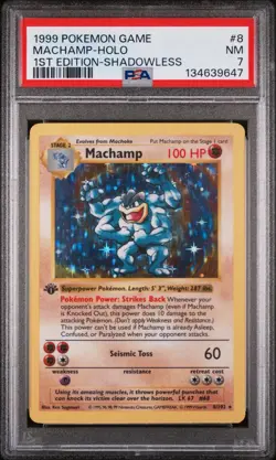 1999 Pokemon TCG Machamp Holo Rare 1st Edition Shadowless Base Set 8/102 PSA 7 - Image 1