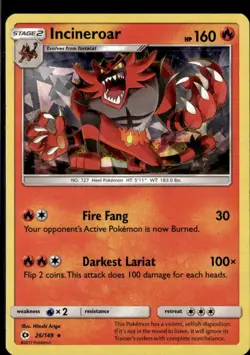 Pokemon Incineroar 26/149 Sun Moon Cracked Ice Holo Rare - Image 1