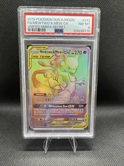 2019 Pokemon Sun & Moon Full Art Mewtwo Mew GX #242/236 Rainbow PSA 8 - Image 1