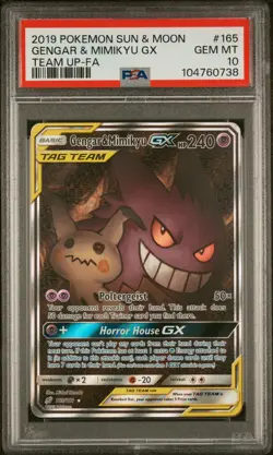 2019 POKEMON SUN & MOON TEAM UP #165 FULL ART/GENGAR & MIMIKYU GX PSA 10 - Image 1