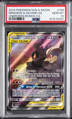 2019 POKEMON SUN & MOON UNBROKEN BONDS FULL ART/MARSHADOW & MACHAMP GX PSA 10 - Image 1