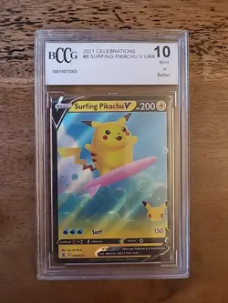 Pokemon 2021 TCG SWSH Celebrations Surfing Pikachu v Card 008/025 BCCG 10 - Image 1