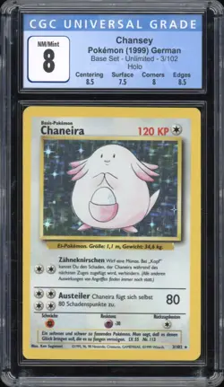 1999 Pokemon GERMAN Unlimited Base Set Chaneira-Chansey Holo 3/102 CGC 8 NM/MINT - Image 1