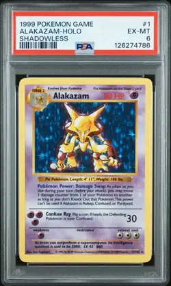 1999 POKEMON GAME SHADOWLESS #1 ALAKAZAM-HOLO PSA 6 - Image 1
