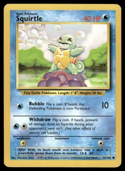 Squirtle 1999 Base Set Unlimited WOTC Vintage Pokemon Card 63/102 (LP-NM) - Image 1