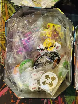 Pokemon Tins Fill w/ ETB Dice/Extras/Markers/Coins Charizard Playmat + 15 Cards - Image 5