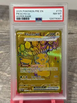 PIKACHU EX #179 HYPER RARE GOLD 2025 POKEMON PRE EN PRISMATIC EVOLUTIONS PSA 8 - Image 1