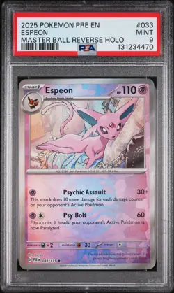 2025 POKEMON PRE EN-PRISMATIC EVOLUTIONS MASTER BALL REVERSE HOLO ESPEON PSA 9 - Image 1