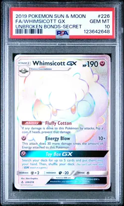 2019 POKEMON SUN & MOON UNBROKEN BONDS SECRET #226 FULL ART/WHIMSICOTT GX PSA 10 - Image 1