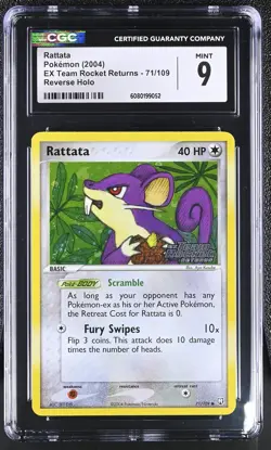 CGC 9 MINT Rattata 2004 EX Team Rocket Returns 71/109 Reverse Holo Pokemon Card - Image 1