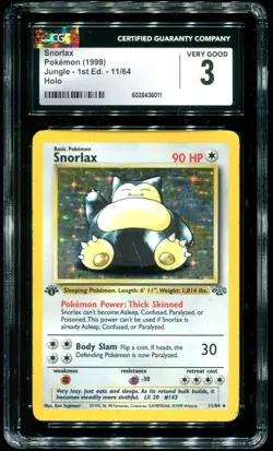 CGC 3 Snorlax 1st Edition Holo Rare Jungle 1999 Pokemon Card #11 - Image 1