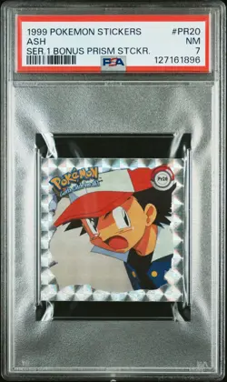 1999 POKEMON STICKERS SERIES 1 BONUS PRISM STICKERS #PR20 ASH PSA 7 - Image 1
