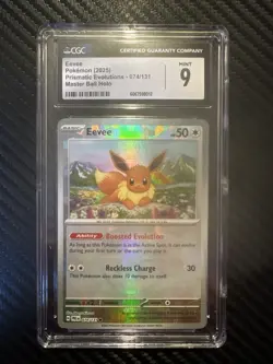 2025 POKEMON PRISMATIC EVOLUTIONS MASTER BALL HOLO #74 EEVEE CGC 9 - Image 1
