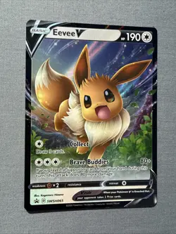 Pokemon TCG Eevee v SWSH065 Sword & Shield Promo Card Holo Black Star - Image 1