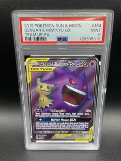 2019 POKEMON SUN & MOON TEAM UP #164 FULL ART/GENGAR & MIMIKYU GX PSA 9 - Image 1