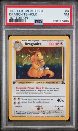 1999 POKEMON FOSSIL #4 DRAGONITE-HOLO 1ST EDITION PSA 7 (Q84 - Image 1