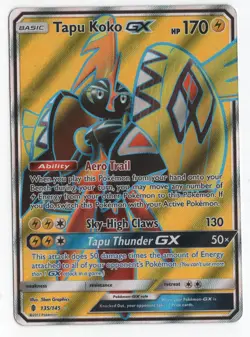 2017 Pokemon TCG Tapu Koko GX Full Art Ultra Rare Card Guardians Rising 135/145 - Image 1