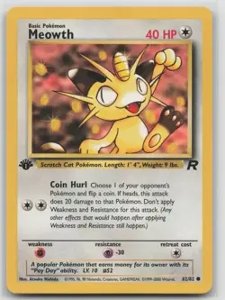 1st Edition Vintage Pokemon Card Meowth Common Team Rocket 62/82 VLP - Image 1