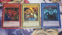 Yugioh Egyptian God Cards Set Obelisk Slifer Ra Ultra Rare LC01 Matching Sleeves - Image 1