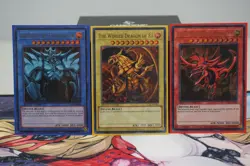 Yugioh Egyptian God Cards Set Obelisk Slifer Ra Ultra Rare LC01 Matching Sleeves - Image 3