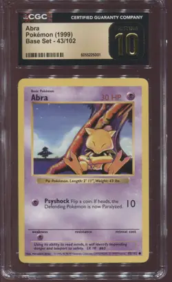 CGC 10 PRISTINE ABRA 43/102 SHADOWLESS BASE SET 1999 POKEMON CARD - Image 1
