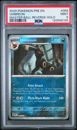 2025 POKEMON PRE EN-PRISMATIC EVOLUTIONS MASTER BALL REVERSE HOLO UMBREON PSA 9 - Image 1